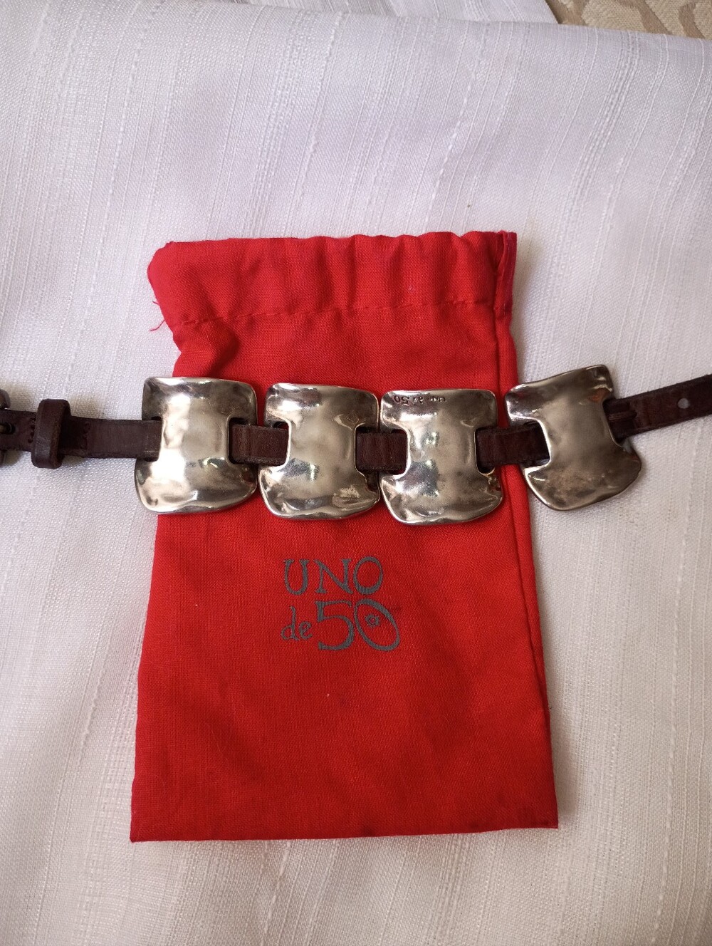 UNO de 50 "Immortal" Brown Leather Bracelet Silver-Tone Links Made Spain Jewelry